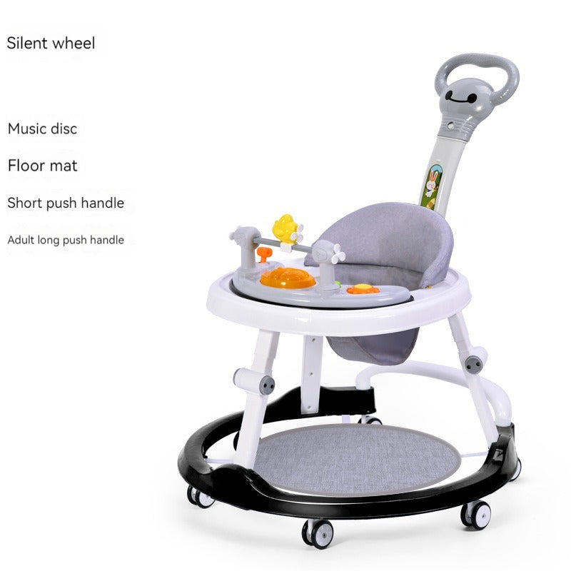 infant gray baby walker with toys and handle 