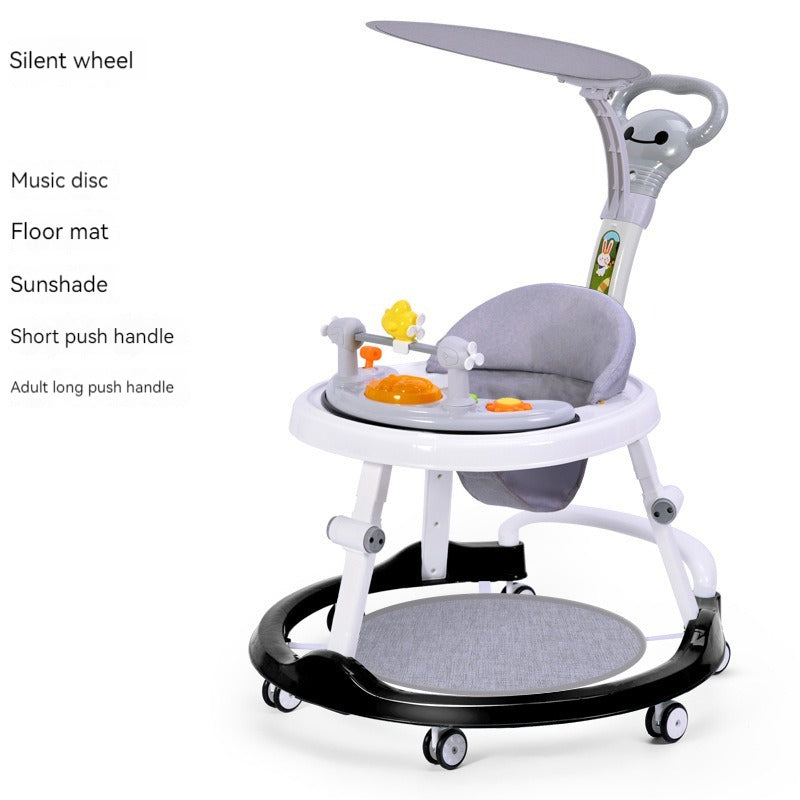 infant gray baby walker with toys and shade 