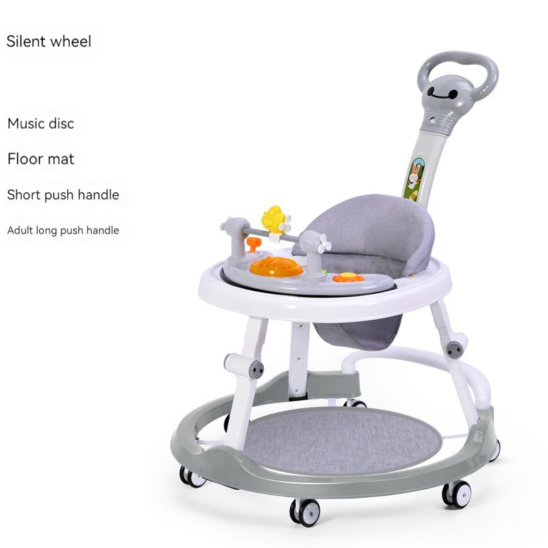 infant gray baby walker with toys and handle 