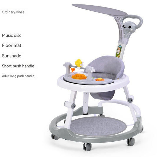 infant gray baby walker with toys and shade 