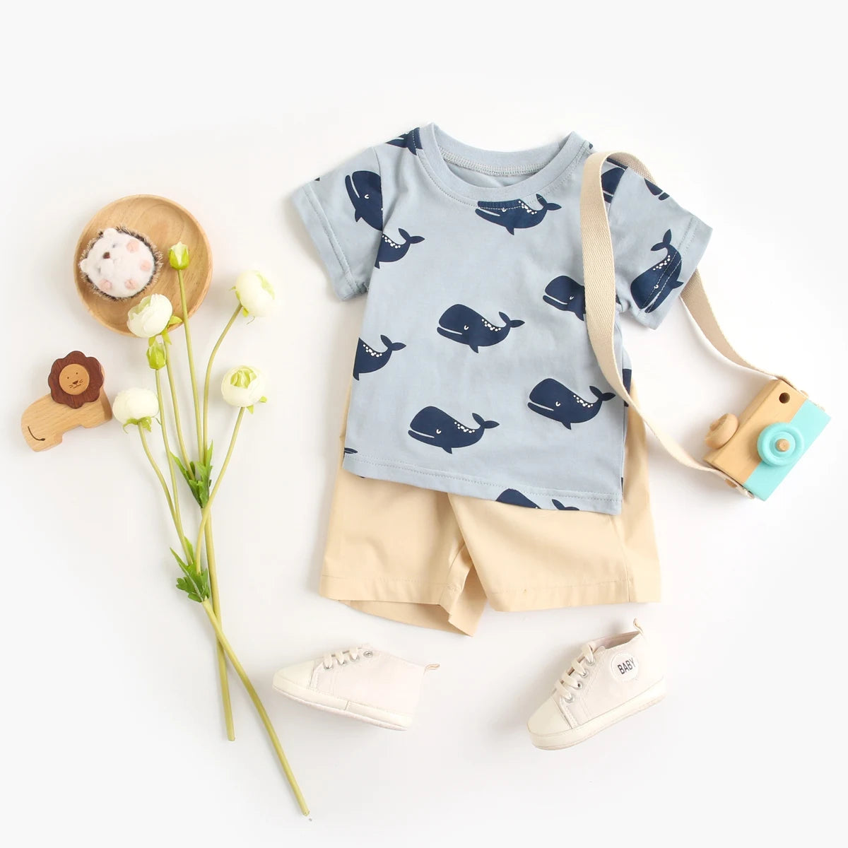 Summer Short Sleeve Cotton Baby Tops + Baby Shorts