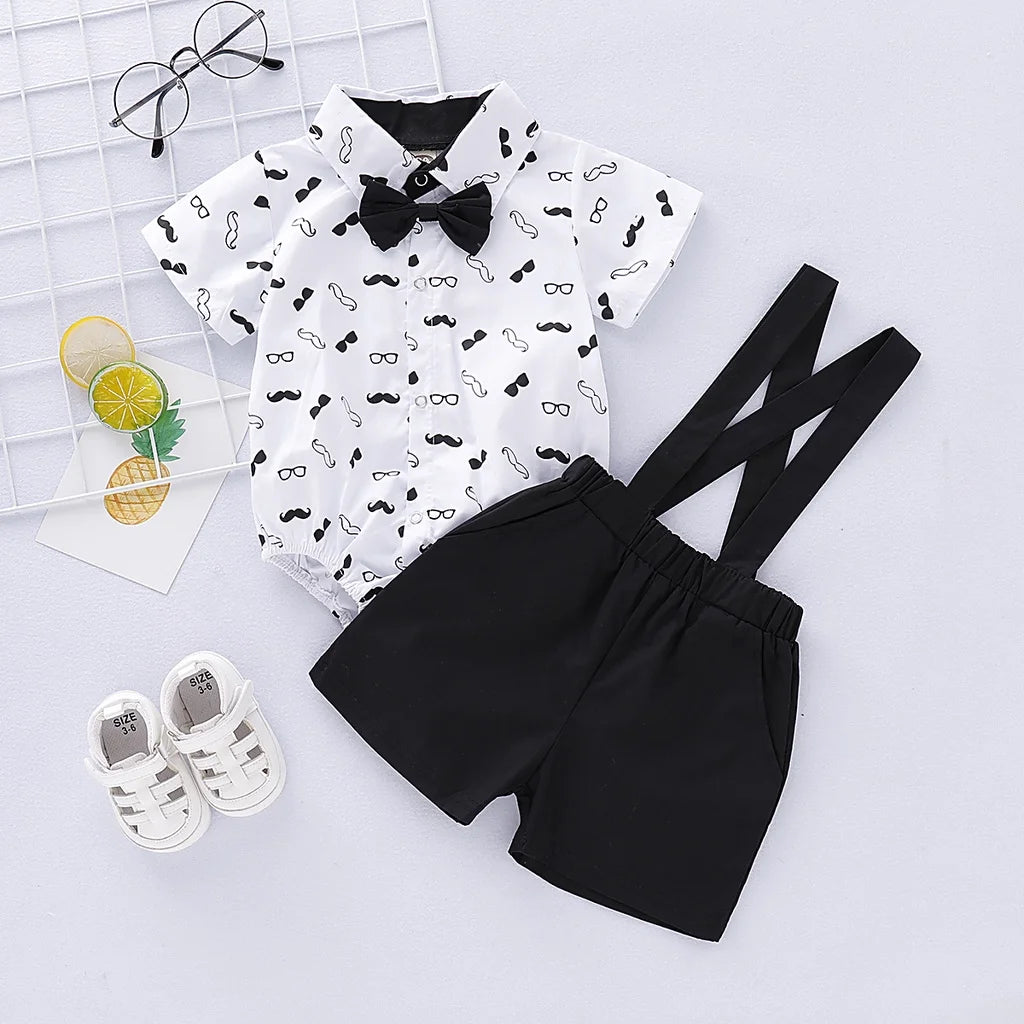 Short Sleeve Bodysuit with Bow + Suspender Pants  Gentleman Clothing