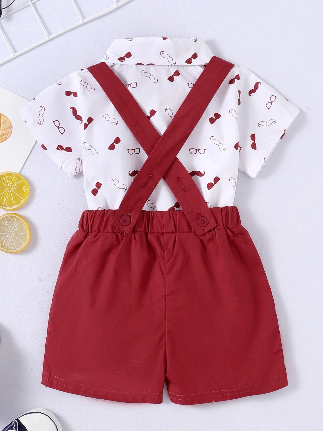 Short Sleeve Bodysuit with Bow + Suspender Pants  Gentleman Clothing