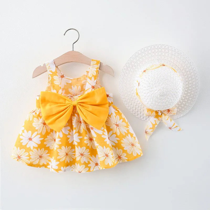 Daisy Cotton Princess Dress Big Bow Sling  With Hat