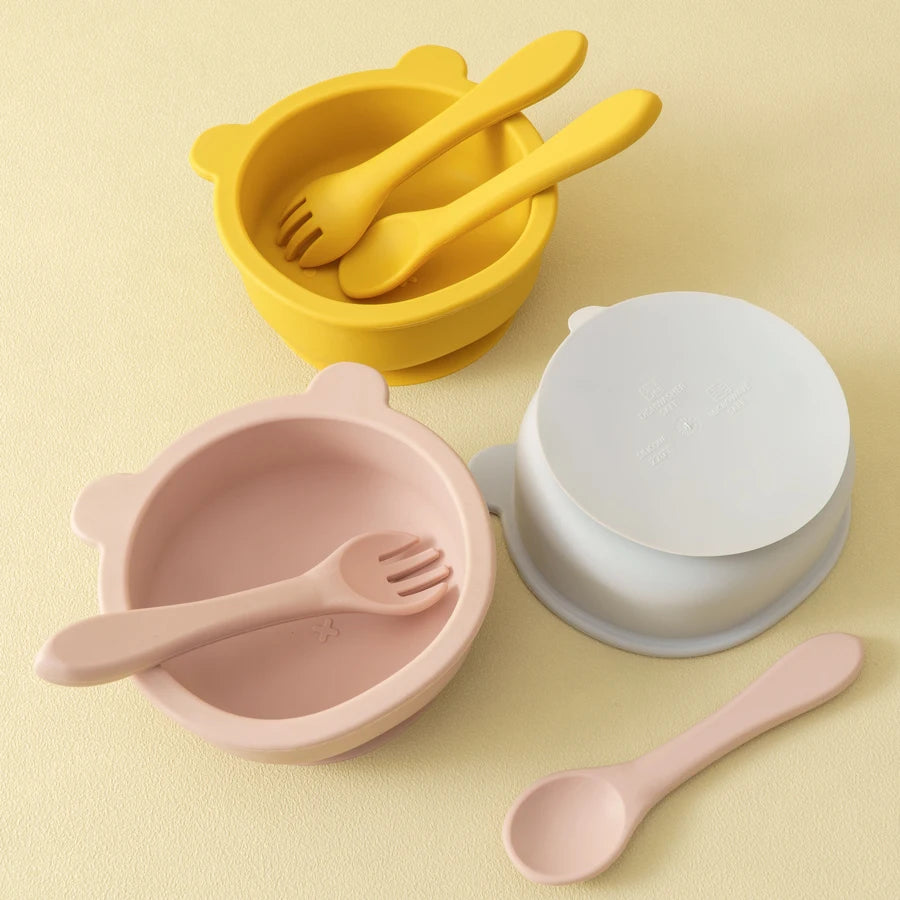 3Pcs Silicone Baby Feeding Set Kids Soft Bowl Cartoon Bear Bowl Soft Spoon Fork