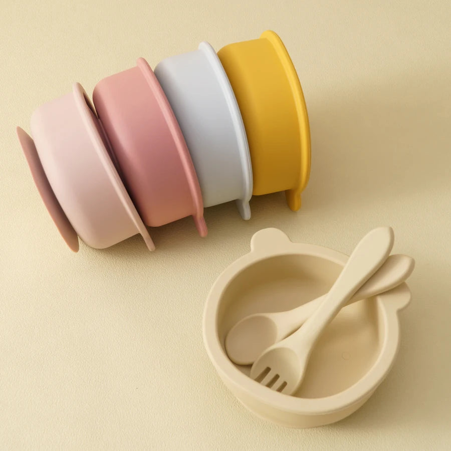 3Pcs Silicone Baby Feeding Set Kids Soft Bowl Cartoon Bear Bowl Soft Spoon Fork