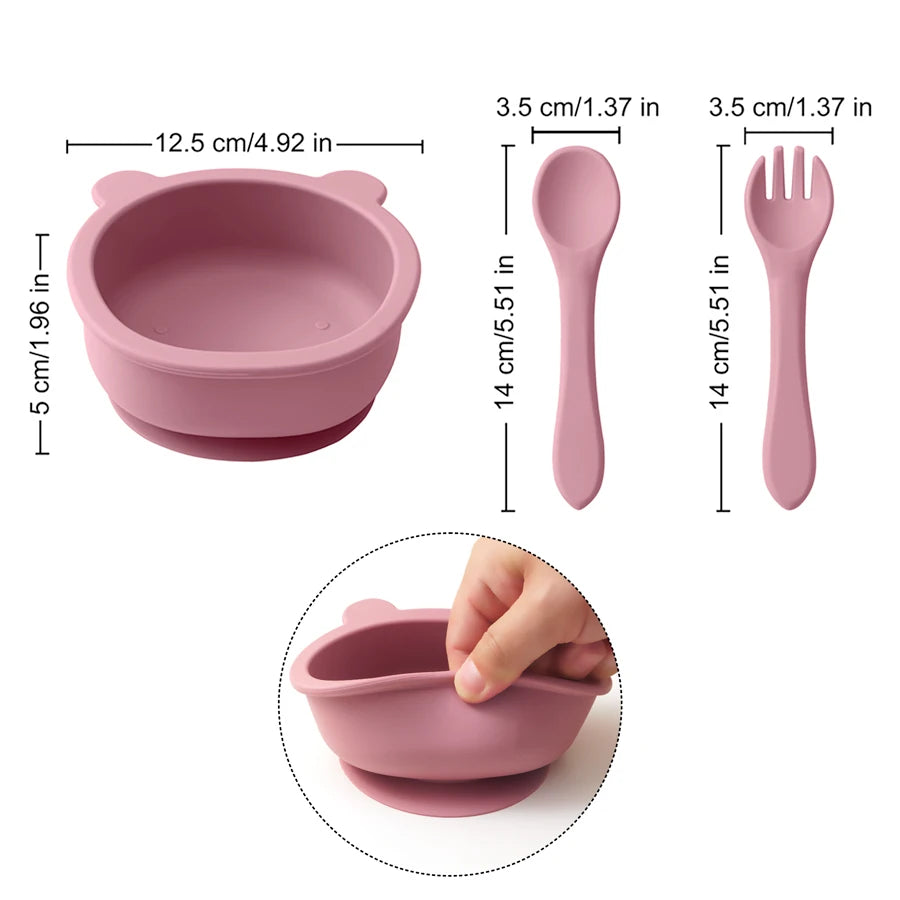 3Pcs Silicone Baby Feeding Set Kids Soft Bowl Cartoon Bear Bowl Soft Spoon Fork