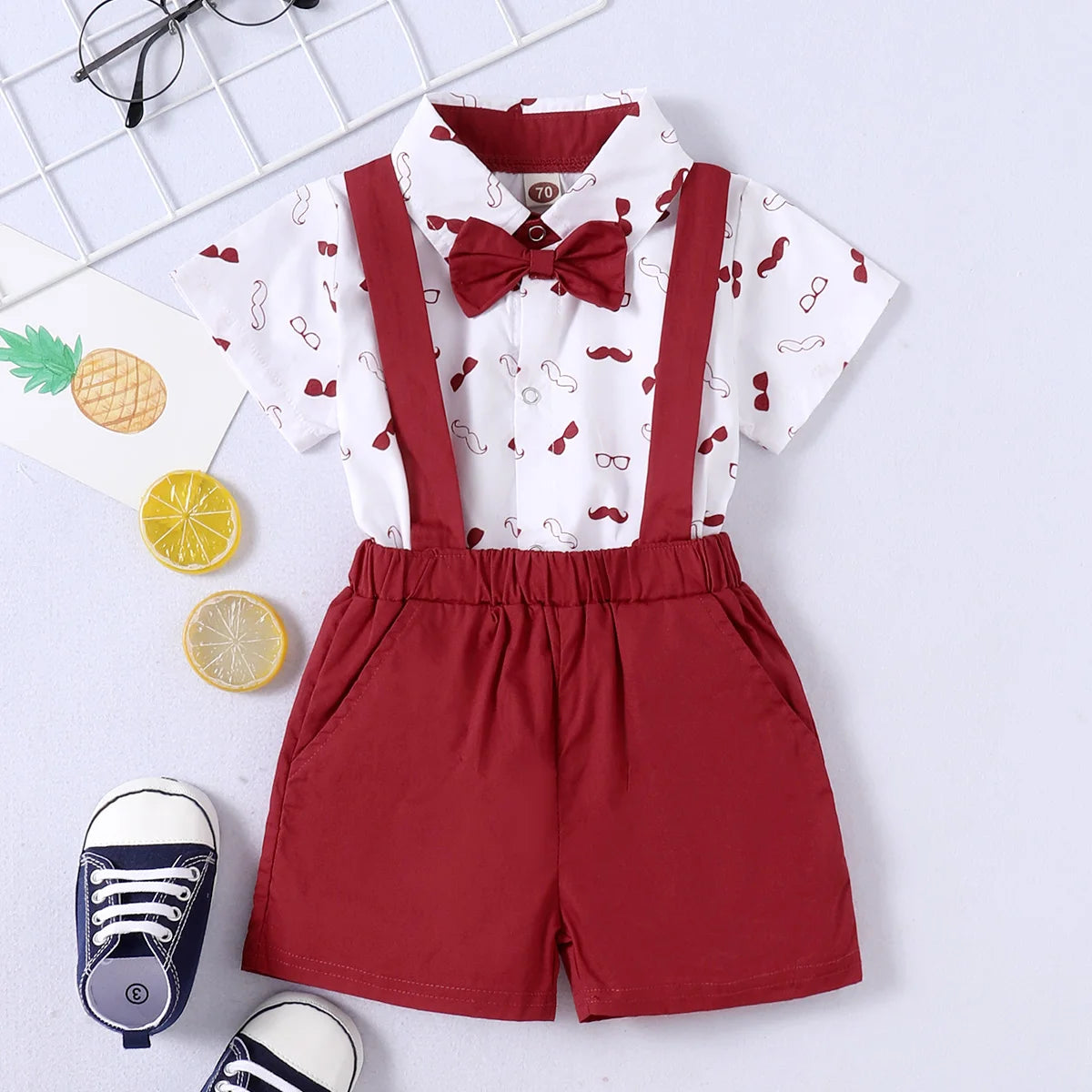 Short Sleeve Bodysuit with Bow + Suspender Pants  Gentleman Clothing